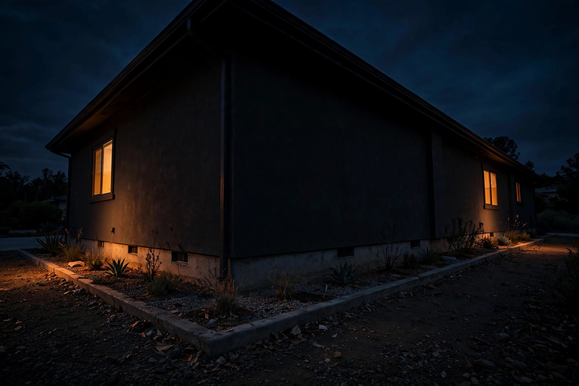 A home's foundation line at dusk, windows glowing warm against the night
