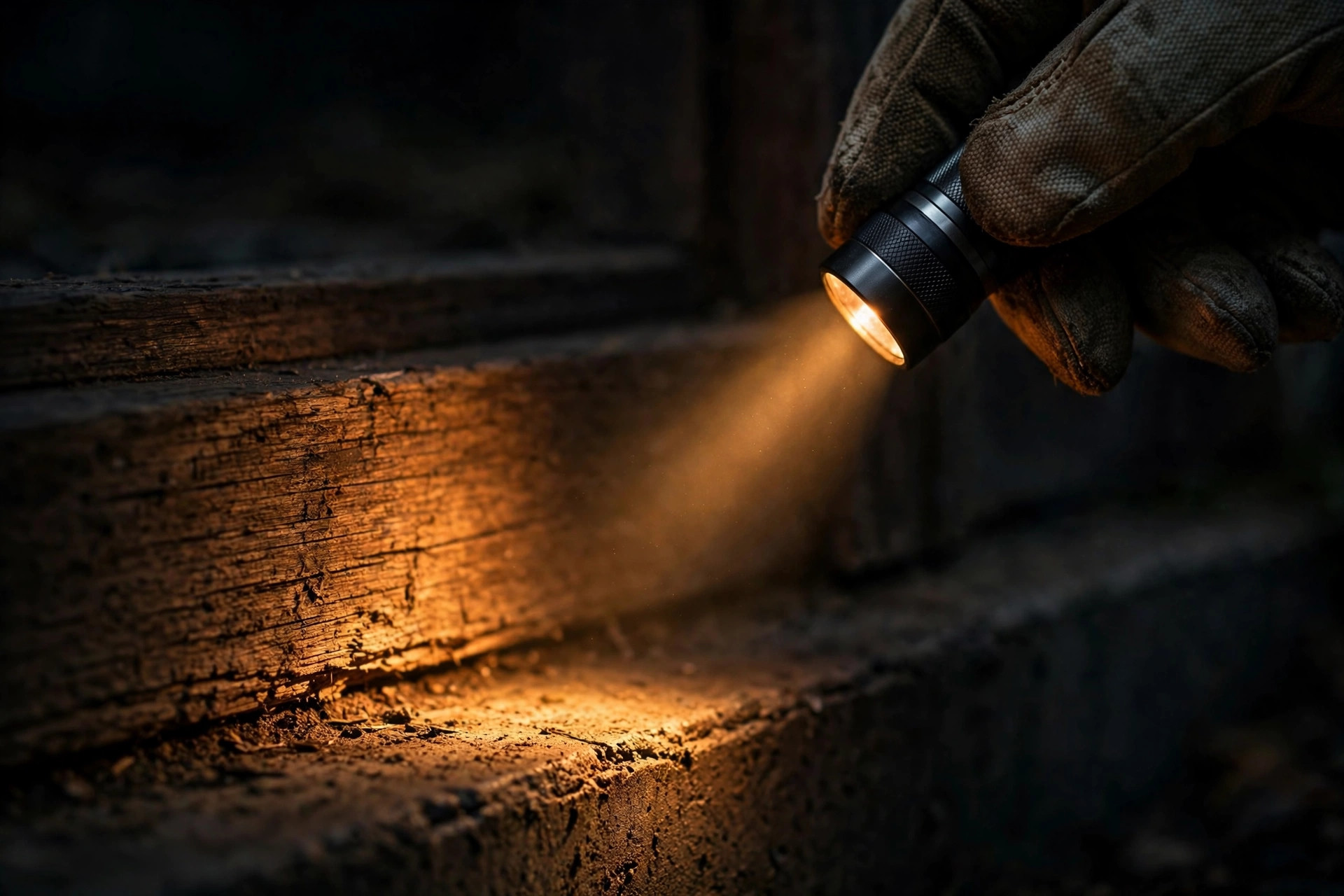 A flashlight beam tracing a wooden seam during a night inspection