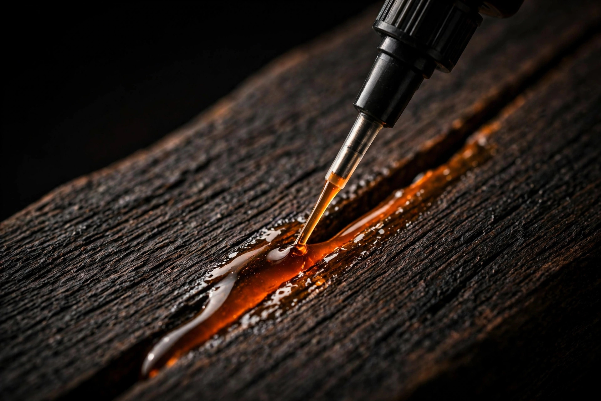 Targeted oil treatment traced along a seam in dark wood